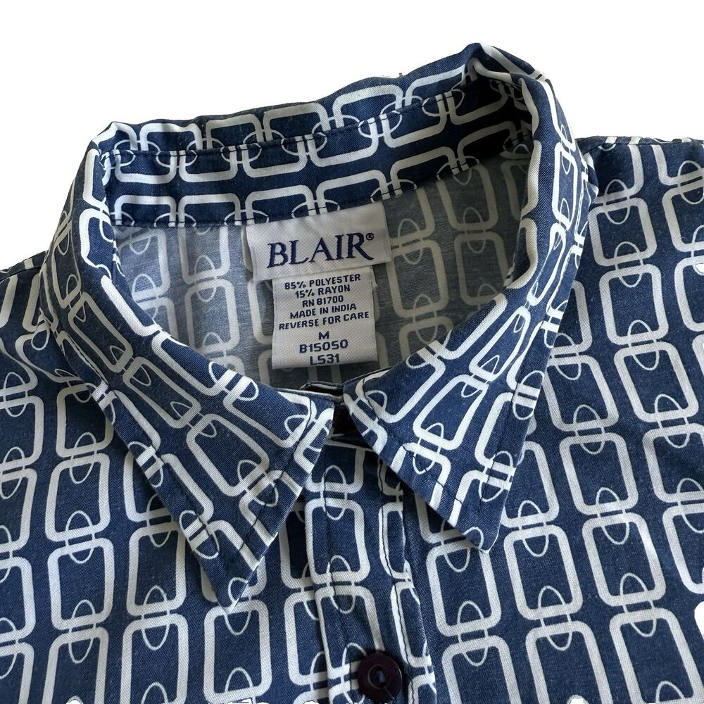 Blair Women's M Blouse 3/4 Sleeve Button Up Navy Blue Geometric Nautical